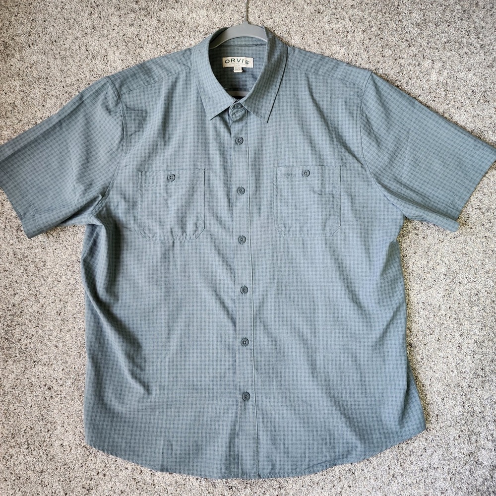 Orvis Button Down Shirt Mens XL Green/Grey Plaid Microfiber Lens Cloth Excellent